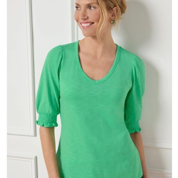 Talbots Tops - Talbots NWT Smocked V-Neck Short Sleeve Tee Green Size MP